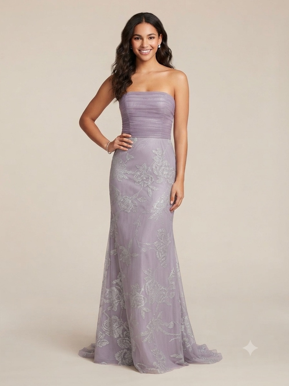 Hayley Paige Occasions Mauve Glitter Tulle Strapless Bridesmaid Dress | Size 14